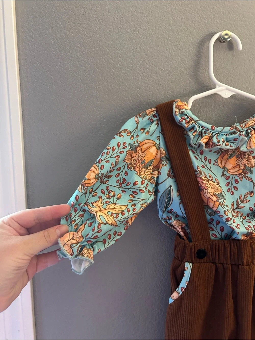 Girls' Floral Blouse with Brown Corduroy Suspender Pants